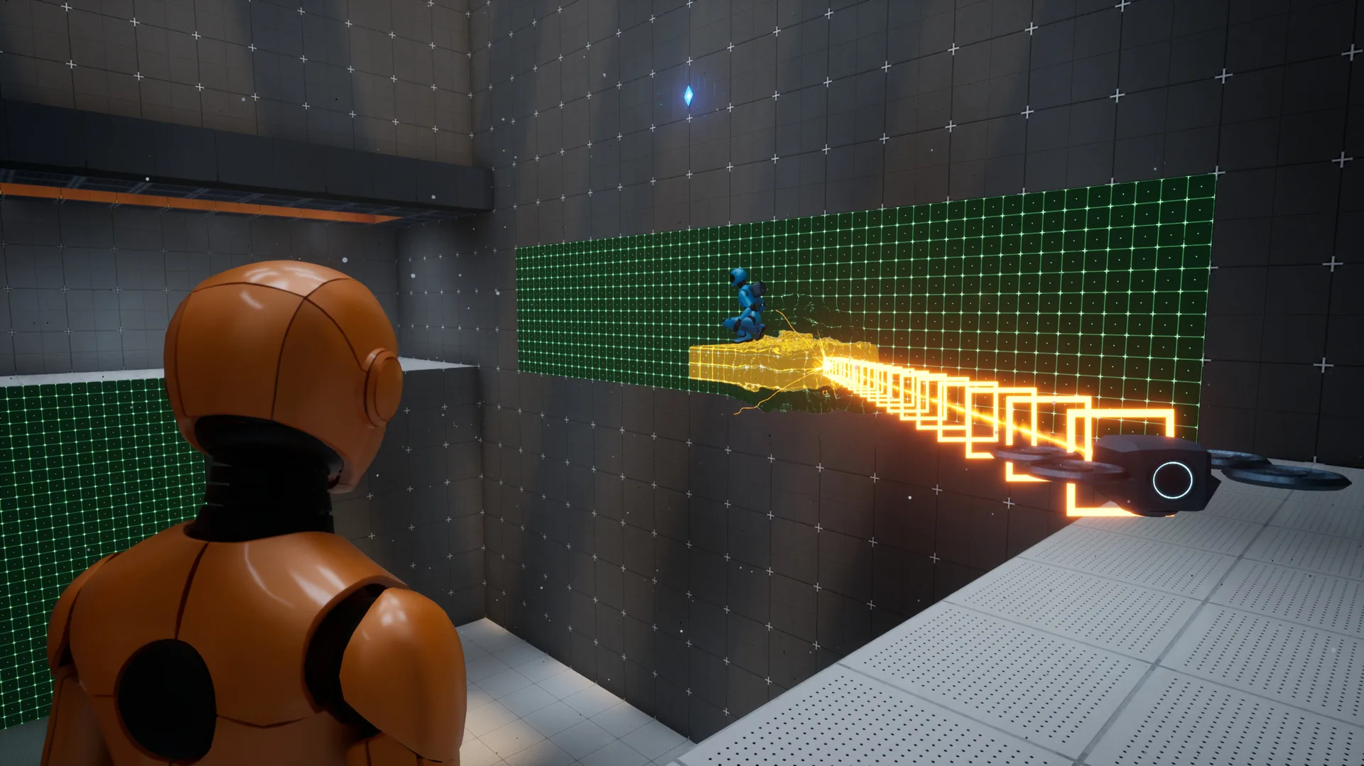 Energy beam crossing a green grid