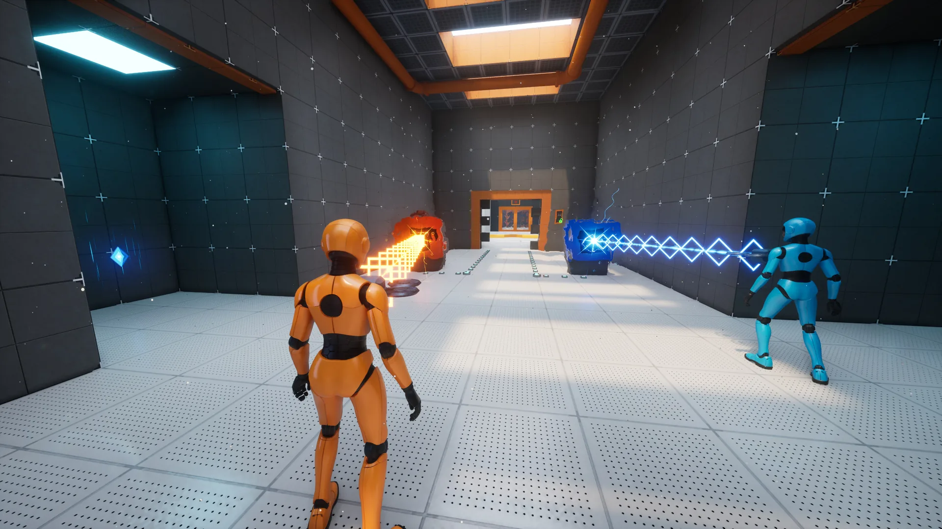 Two-player corridor with connected energy beams
